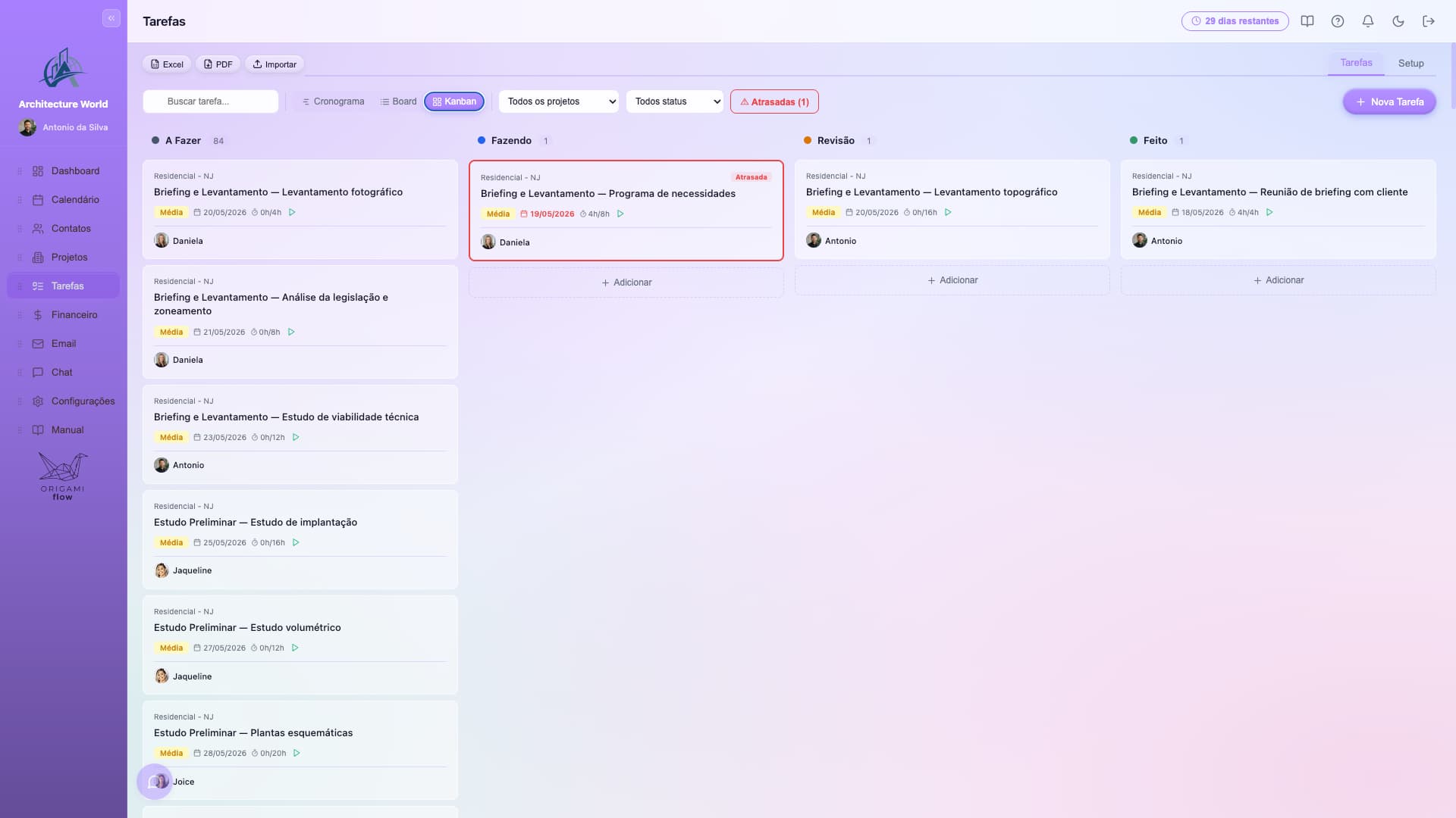 Kanban do OrigamiFlow com colunas A Fazer, Fazendo, Revisão e Feito para gestão de tarefas de arquitetura