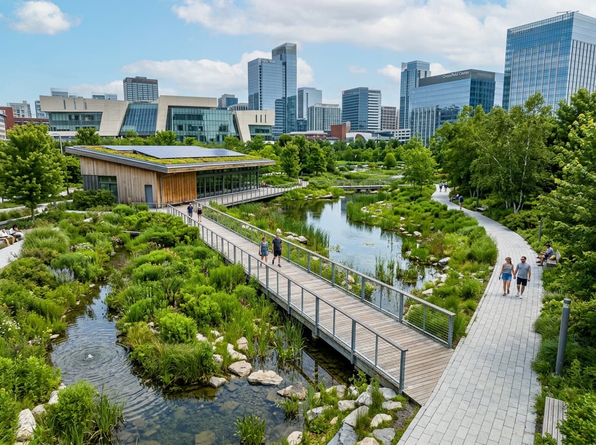 Parque urbano de retenção hídrica com canais naturais e eco-arquitetura