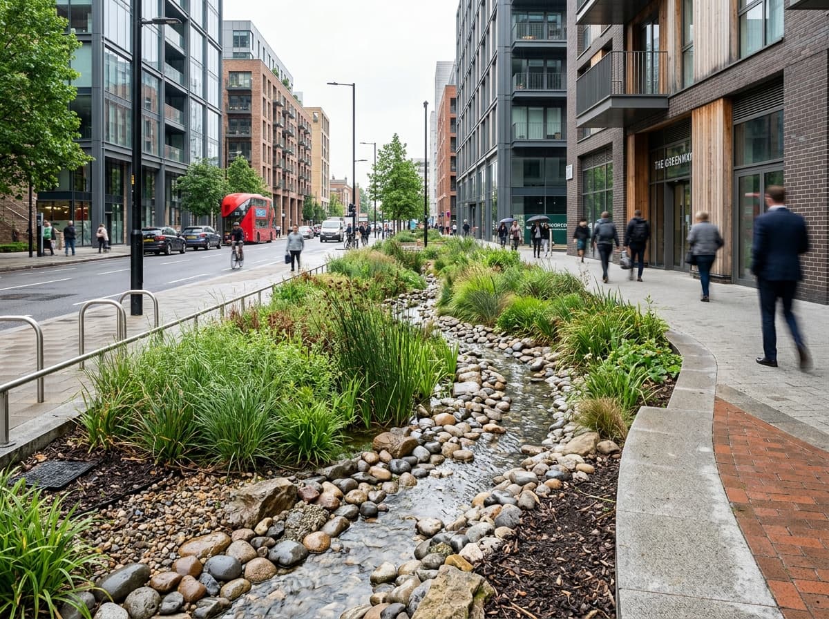 Bio-vala de infiltração com pedras e vegetação em rua urbana contemporânea