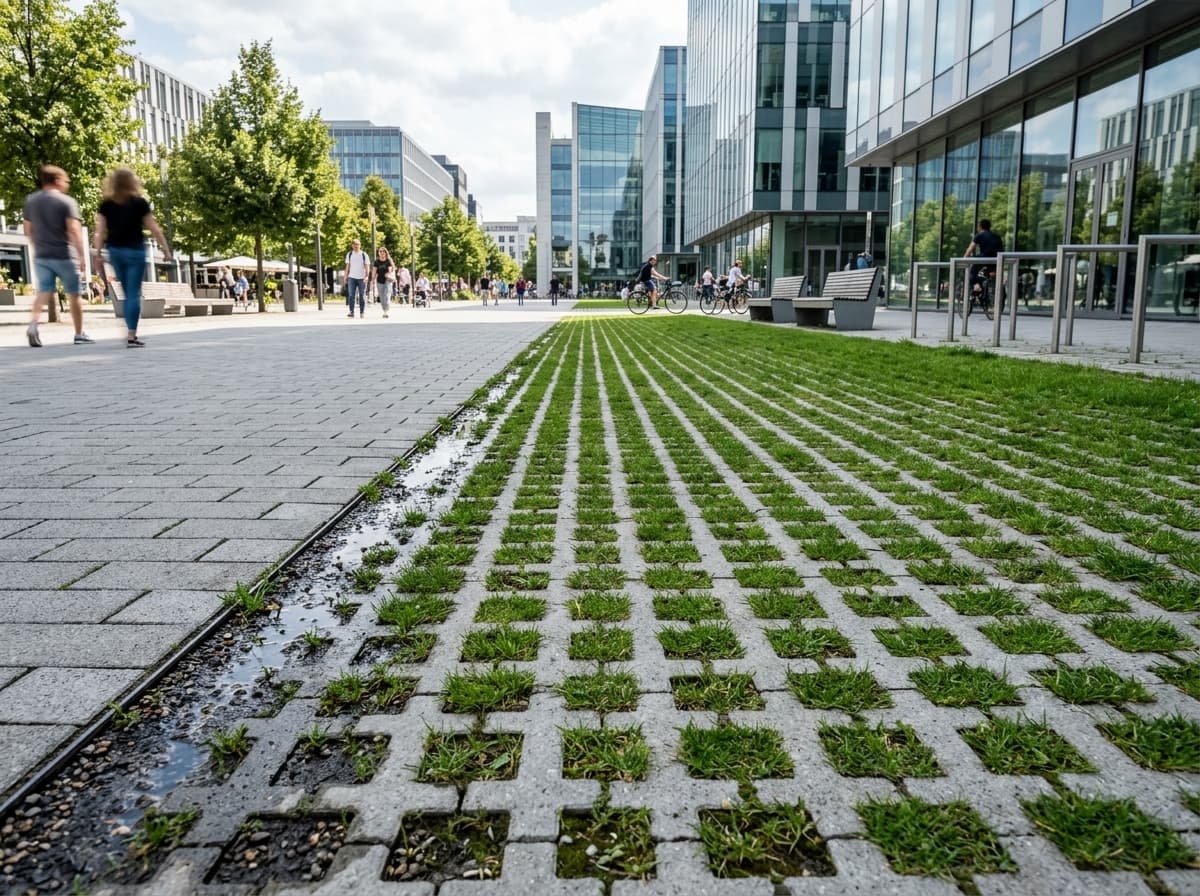 Praça urbana com pavimentos permeáveis intertravados e blocos vazados com grama