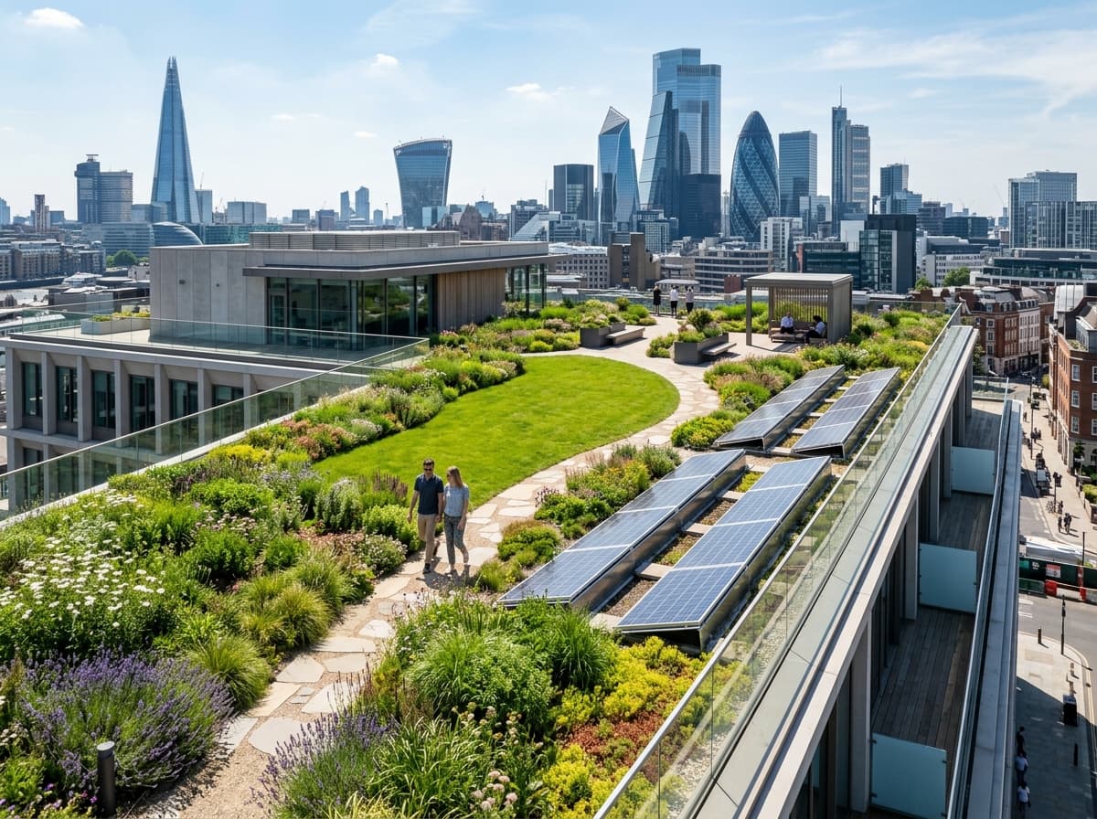 Cobertura verde com gramado, painéis solares e vegetação em edifício contemporâneo