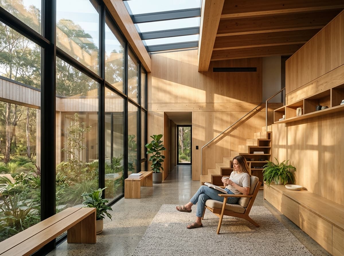Sala de estar contemporânea banhada por iluminação natural de claraboia e fachada de vidro
