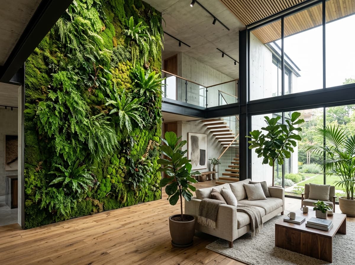 Parede viva vertical de musgo e vegetação integrada à sala de estar pé-direito duplo