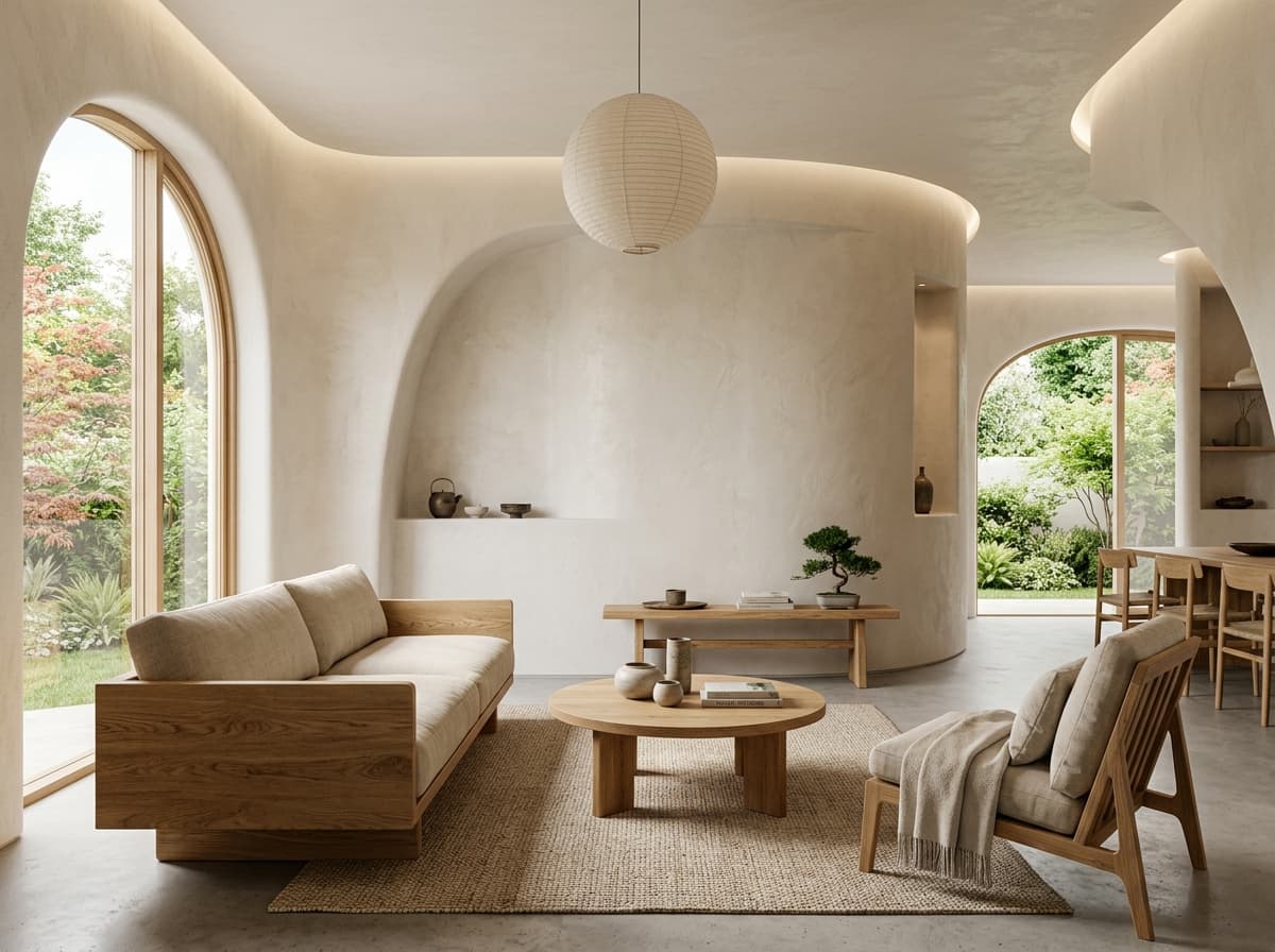 Design de interiores com paredes em gesso curvo fluido e mobiliário em madeira maciça