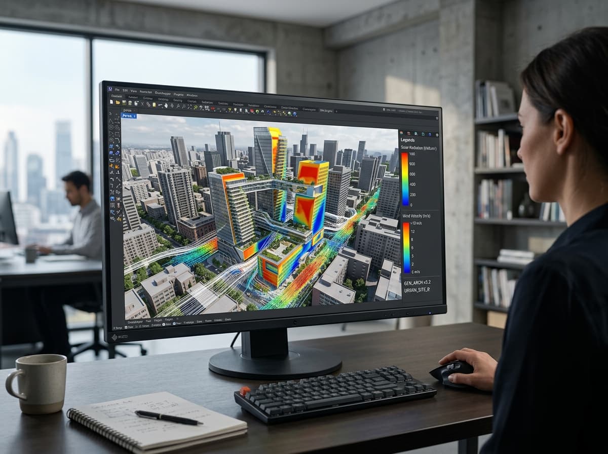 Tela de computador exibindo modelo arquitetônico 3D paramétrico com análise de radiação solar e ventos