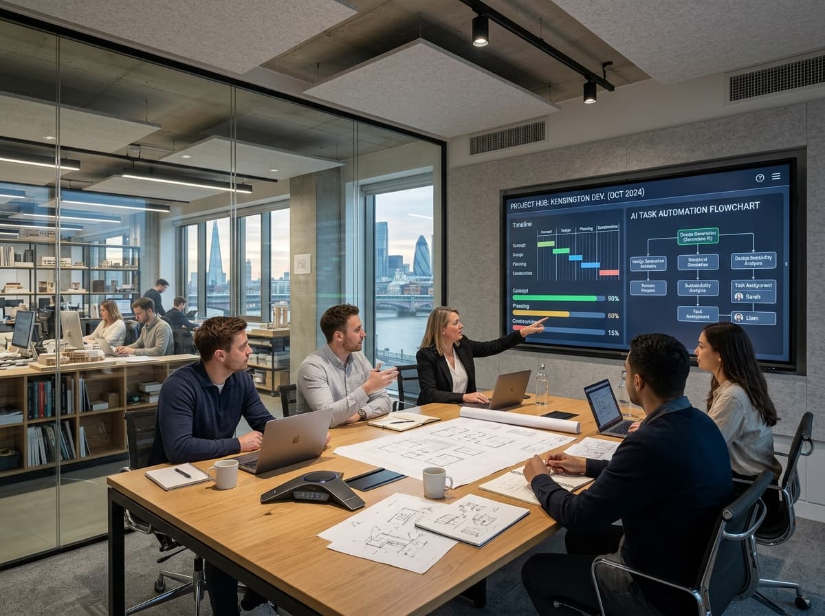 Sala de reunião de escritório de arquitetura com tela digital interativa mostrando automação de processos