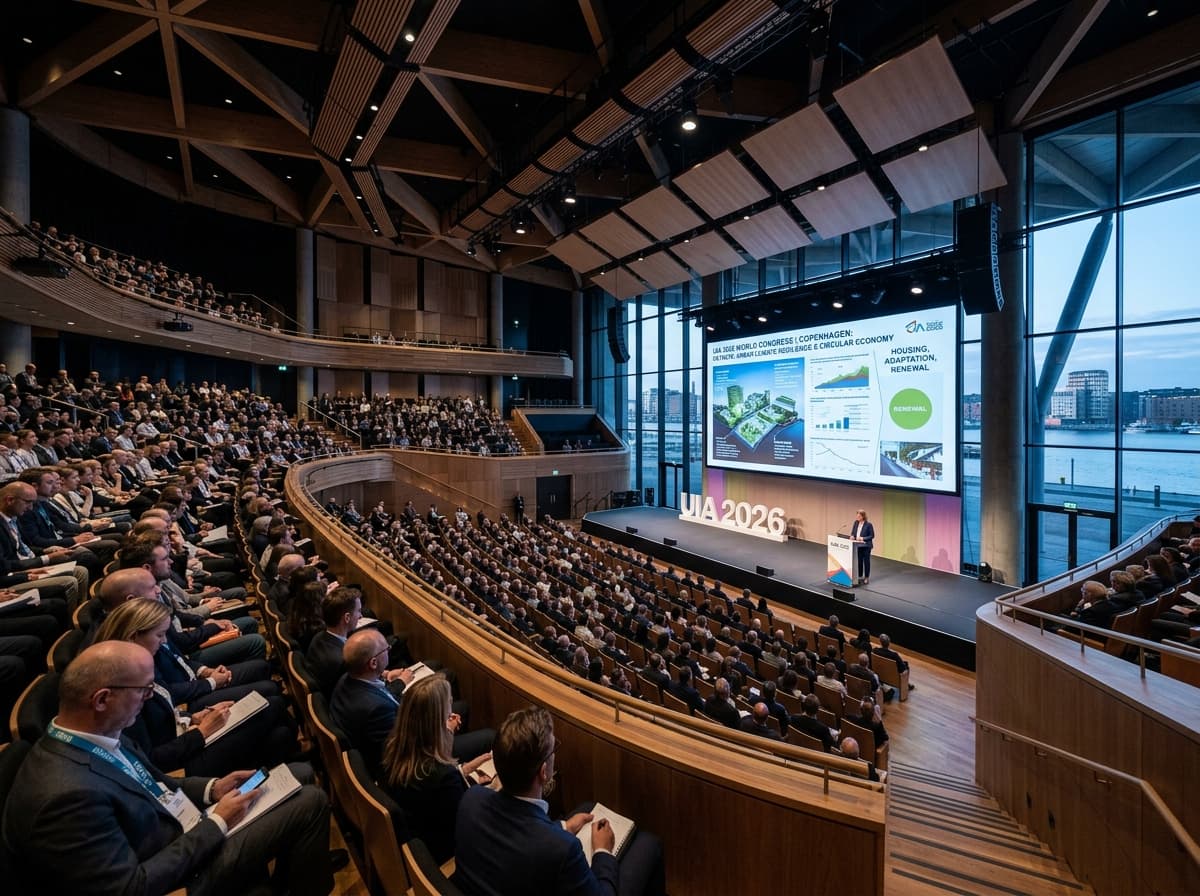 Auditório lotado do Congresso Mundial de Arquitetos UIA 2026 assistindo palestra sobre resiliência urbana e clima