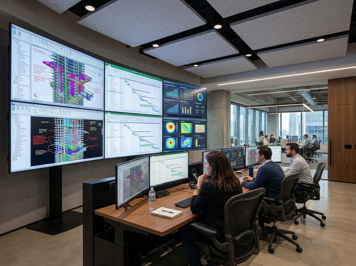 Sala de controle de projetos de arquitetura com múltiplos monitores exibindo modelos BIM 3D e dashboards financeiros