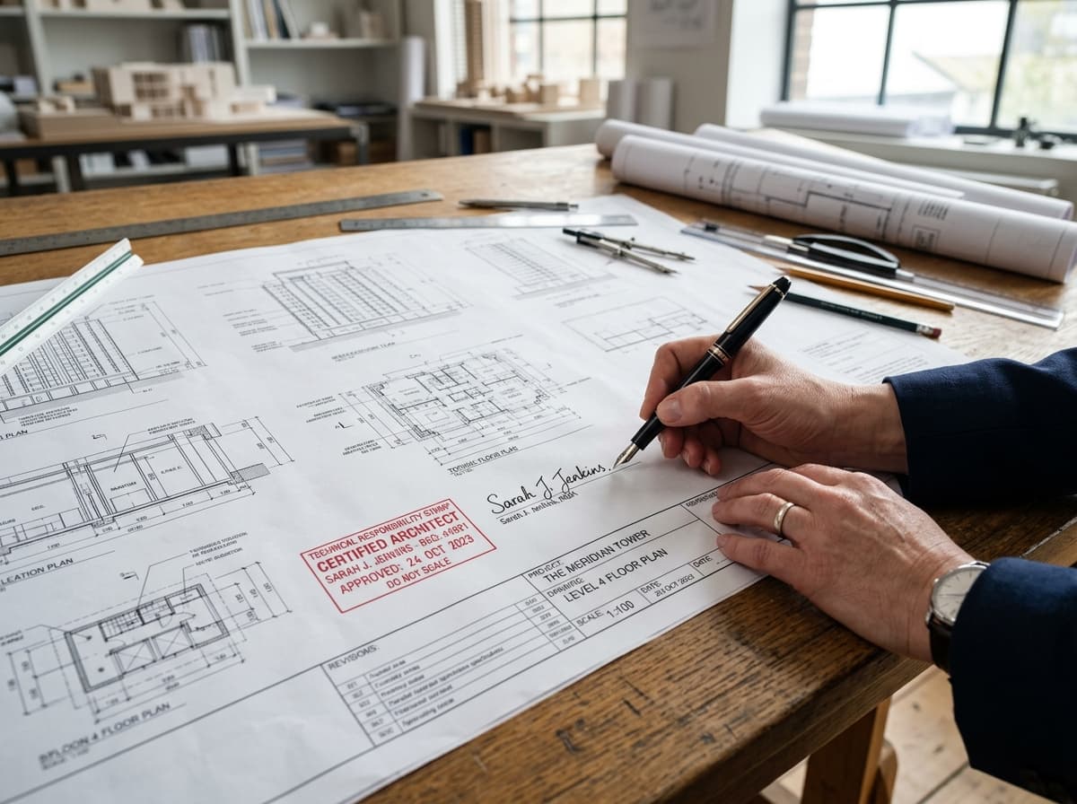 Arquiteto assinando prancha técnica com carimbo de responsabilidade técnica