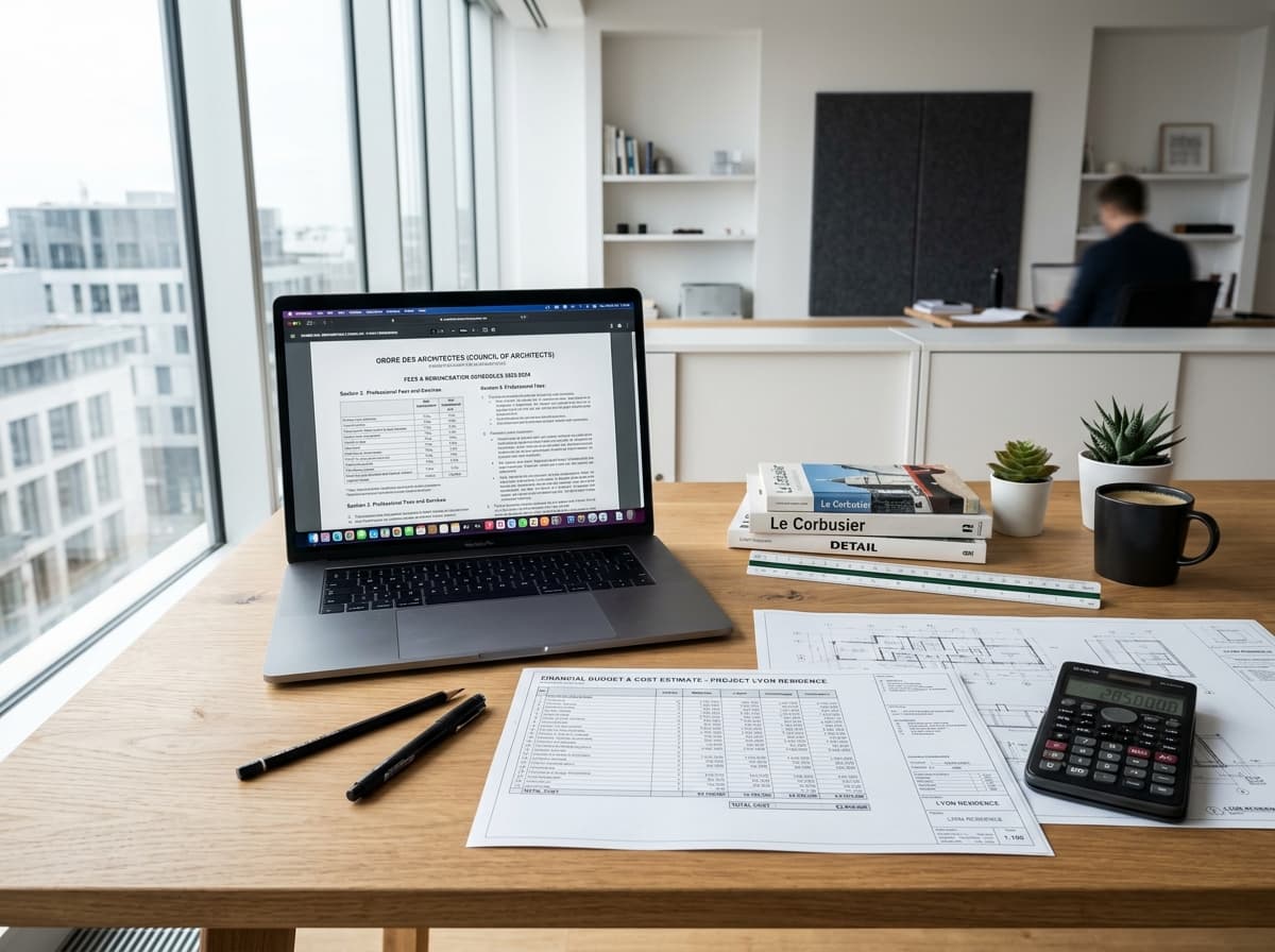 Mesa de trabalho de arquiteto com planilhas de orçamento, calculadora e laptop com taxas profissionais