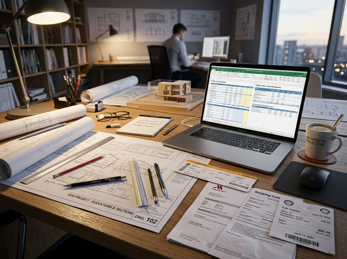 Mesa de arquiteto com despesas de viagens, notas fiscais, comprovantes de hospedagem e plantas de projeto