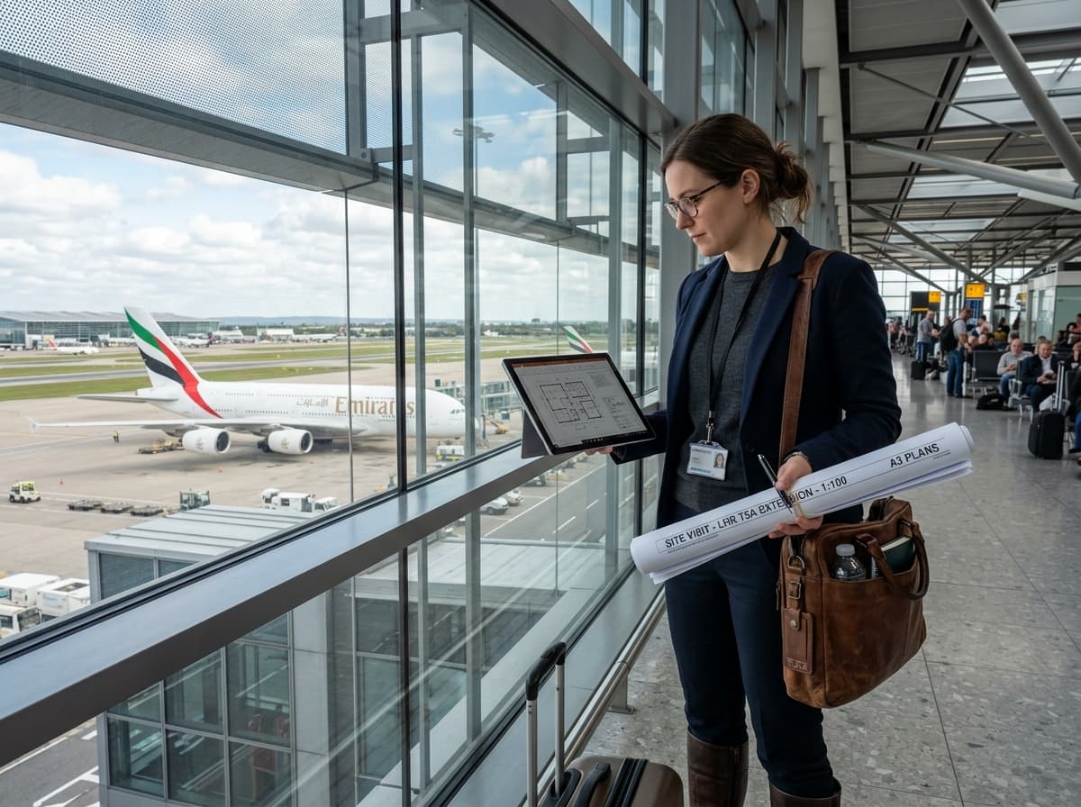 Arquiteta com pranchas em aeroporto embarcando para vistoria técnica de projeto fora da cidade