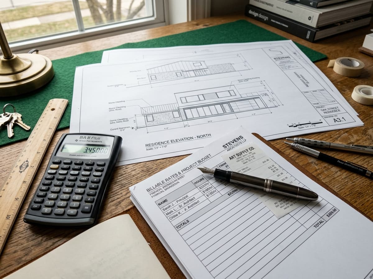 Cálculo minucioso de taxas horárias e orçamento de projeto sobre prancha técnica