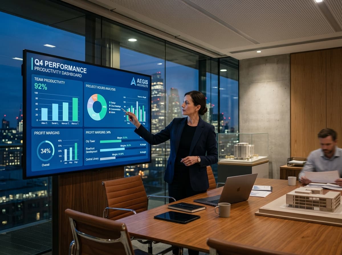 Diretora de escritório de arquitetura analisando dashboards de produtividade e margens de lucro