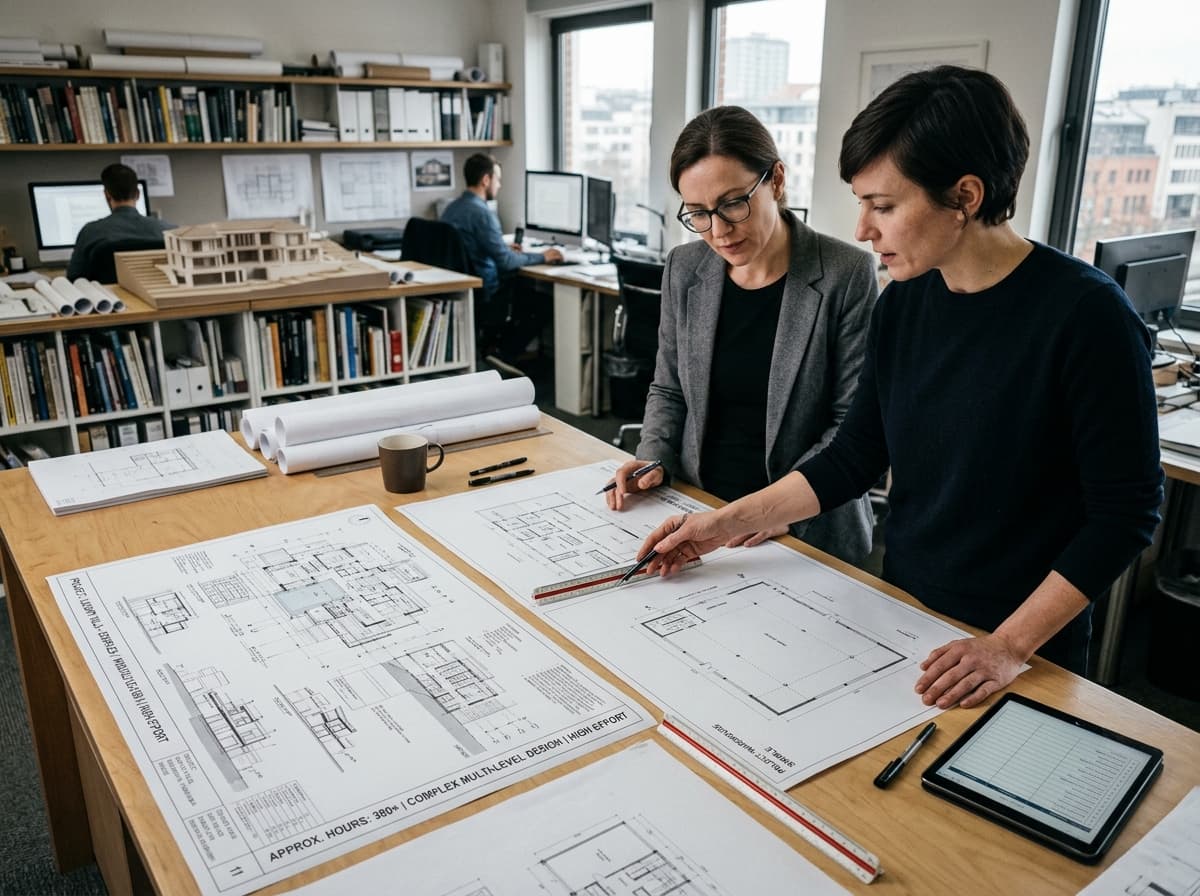 Duas arquitetas comparando pranchas de projeto com complexidades de esforço diferentes