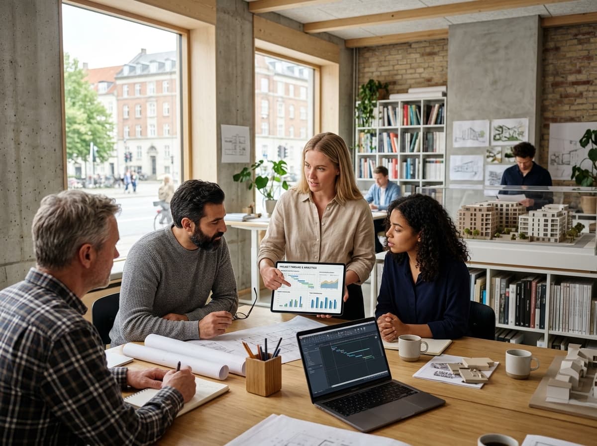 Equipe de arquitetura em reunião analisando histórico de horas e cronograma no OrigamiFlow