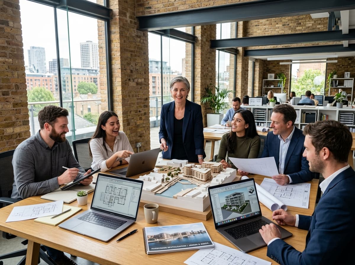 Equipe de arquitetos confiante reunida ao redor de projetos lucrativos e bem estruturados