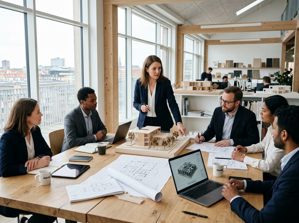 Coordenadora de projetos liderando reunião estratégica com a equipe em estúdio de arquitetura