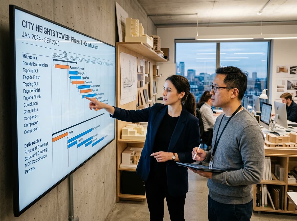 Coordenadores de projeto revisando cronograma Gantt detalhado em tela ampla
