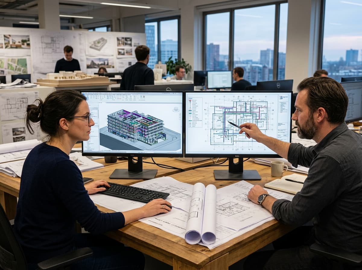 Arquitetos coordenando modelo BIM tridimensional e pranchas complementares