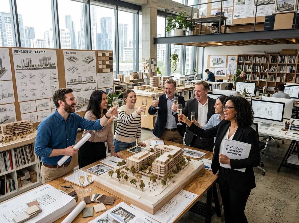 Equipe de arquitetura comemorando entregas aprovadas no prazo com organização