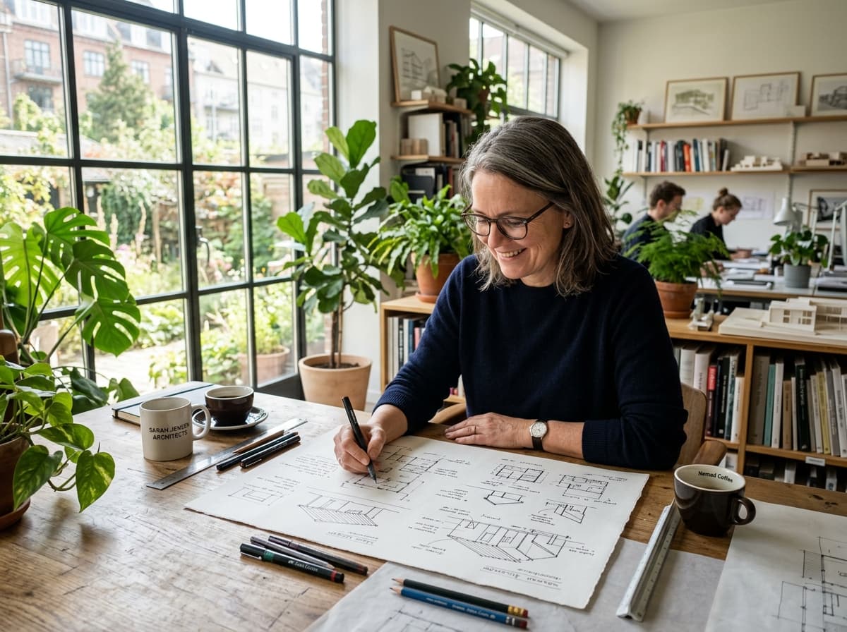 Fundadora do escritório criando e desenhando com tranquilidade em ambiente iluminado