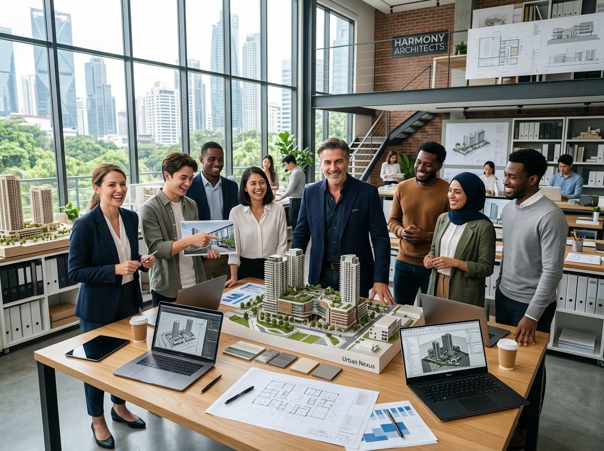 Equipe de arquitetura reunida celebrando o crescimento e a rentabilidade do estúdio