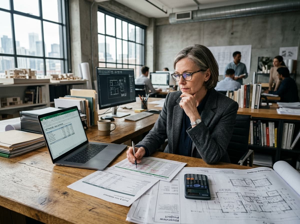 Arquiteta titular em sua mesa de trabalho analisando planilhas financeiras, balanço e calculadora