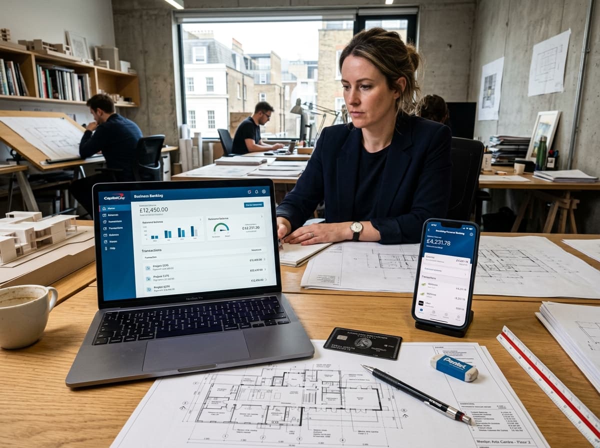 Arquiteta gerenciando conta bancária corporativa no laptop e conta pessoal no smartphone com cartão de crédito empresarial