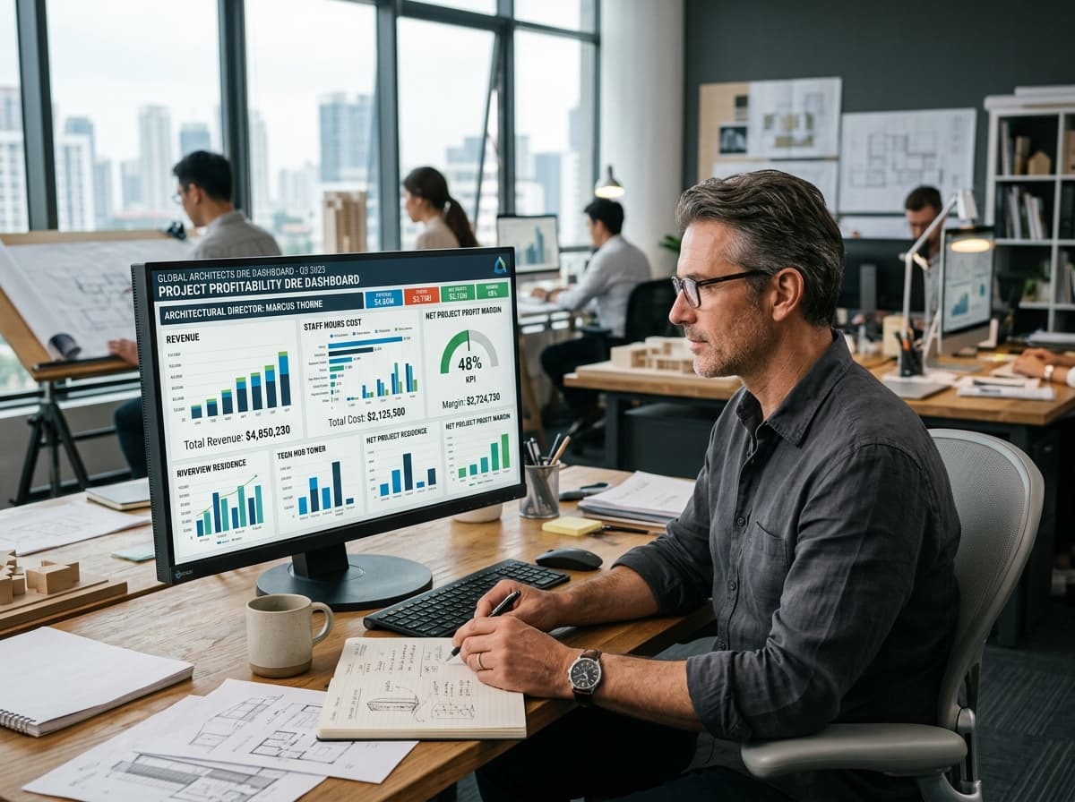 Diretor de arquitetura analisando dashboard de DRE com custos de horas da equipe e margem líquida de lucro