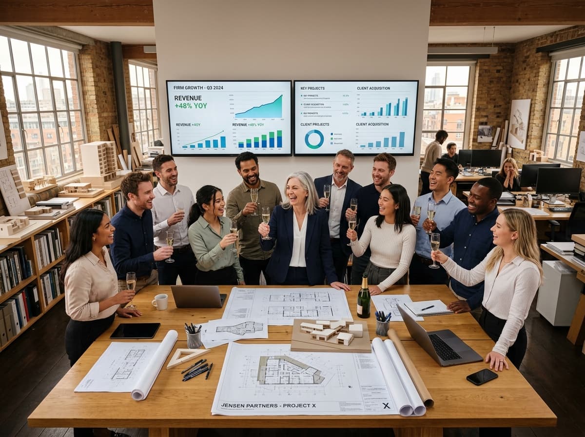 Equipe de arquitetura reunida comemorando o crescimento de faturamento e a maturidade financeira do escritório