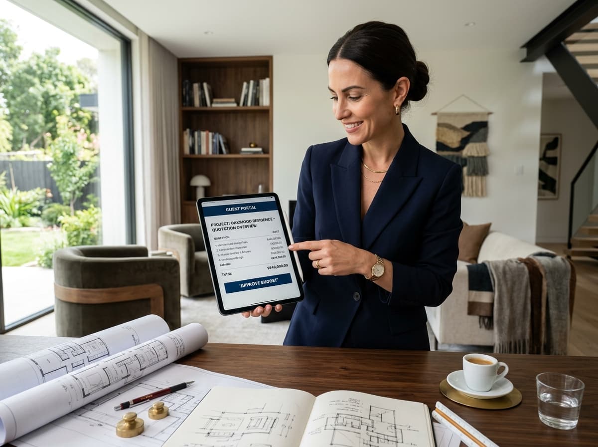 Cliente elegante segurando tablet exibindo tela do Portal do Cliente com cotações e botão de aprovação formal