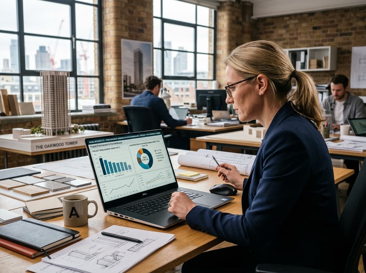 Diretora de arquitetura analisando dashboard de Taxa de Administração e percentual de compras no laptop