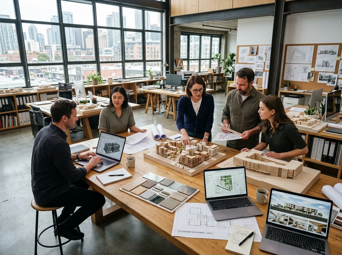 Equipe de arquitetos reunida em mesa de projeto com maquetes e laptops celebrando a organização do escritório
