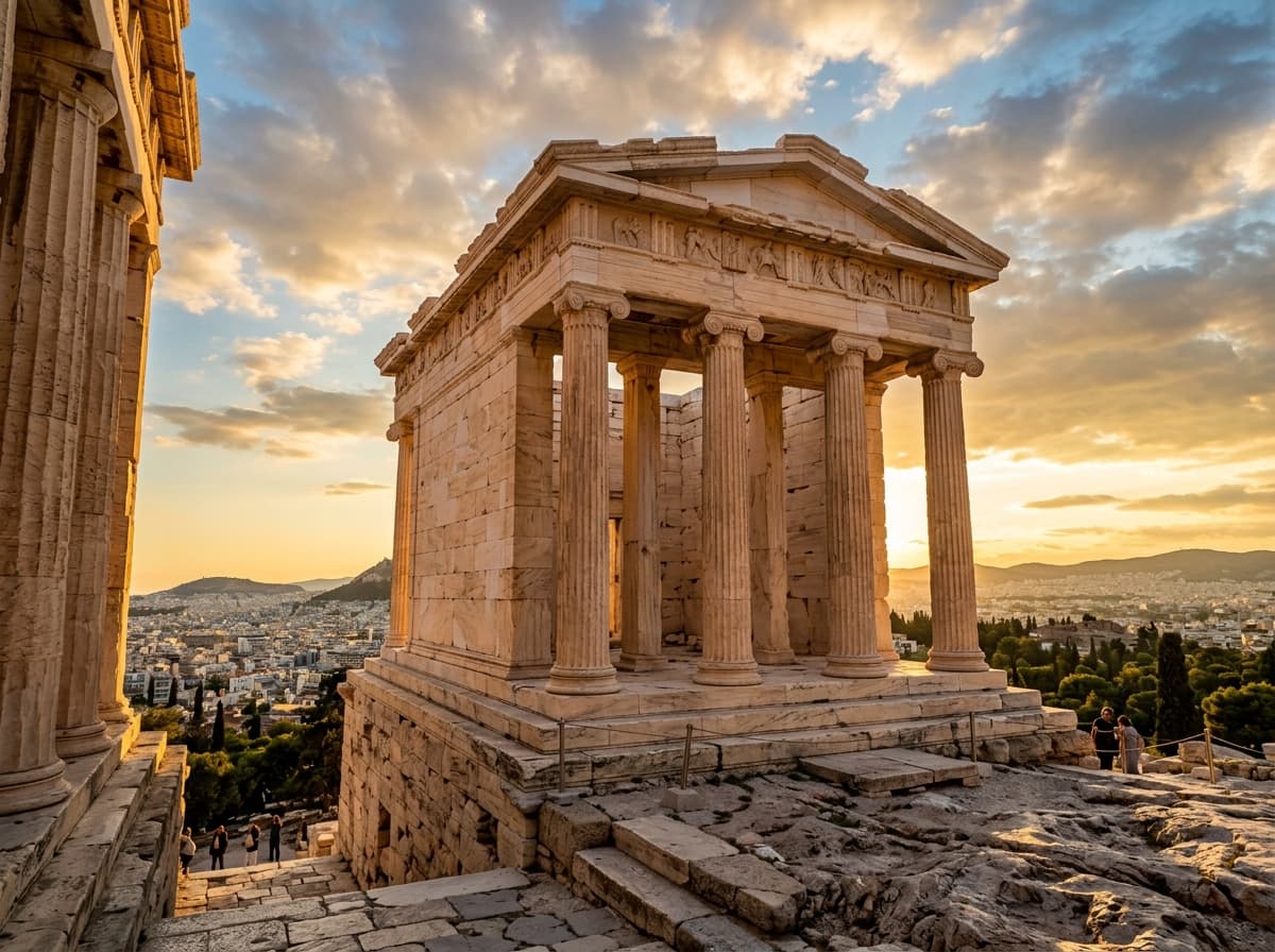 Templo clássico na Acrópole de Atenas banhado por luz dourada ao pôr do sol