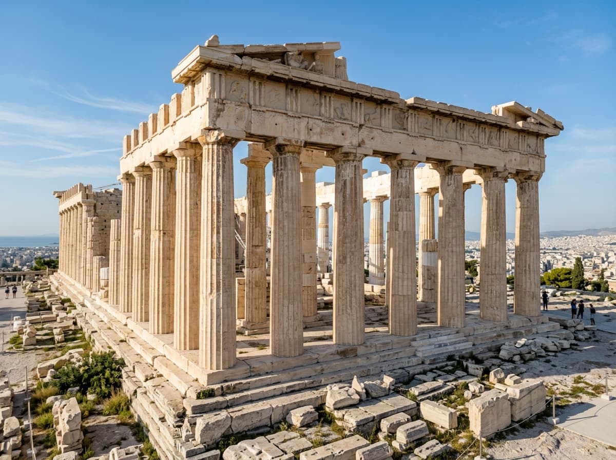 Colunas dóricas de mármore do Partenon destacando o sutil entasis e a curvatura do estilóbato