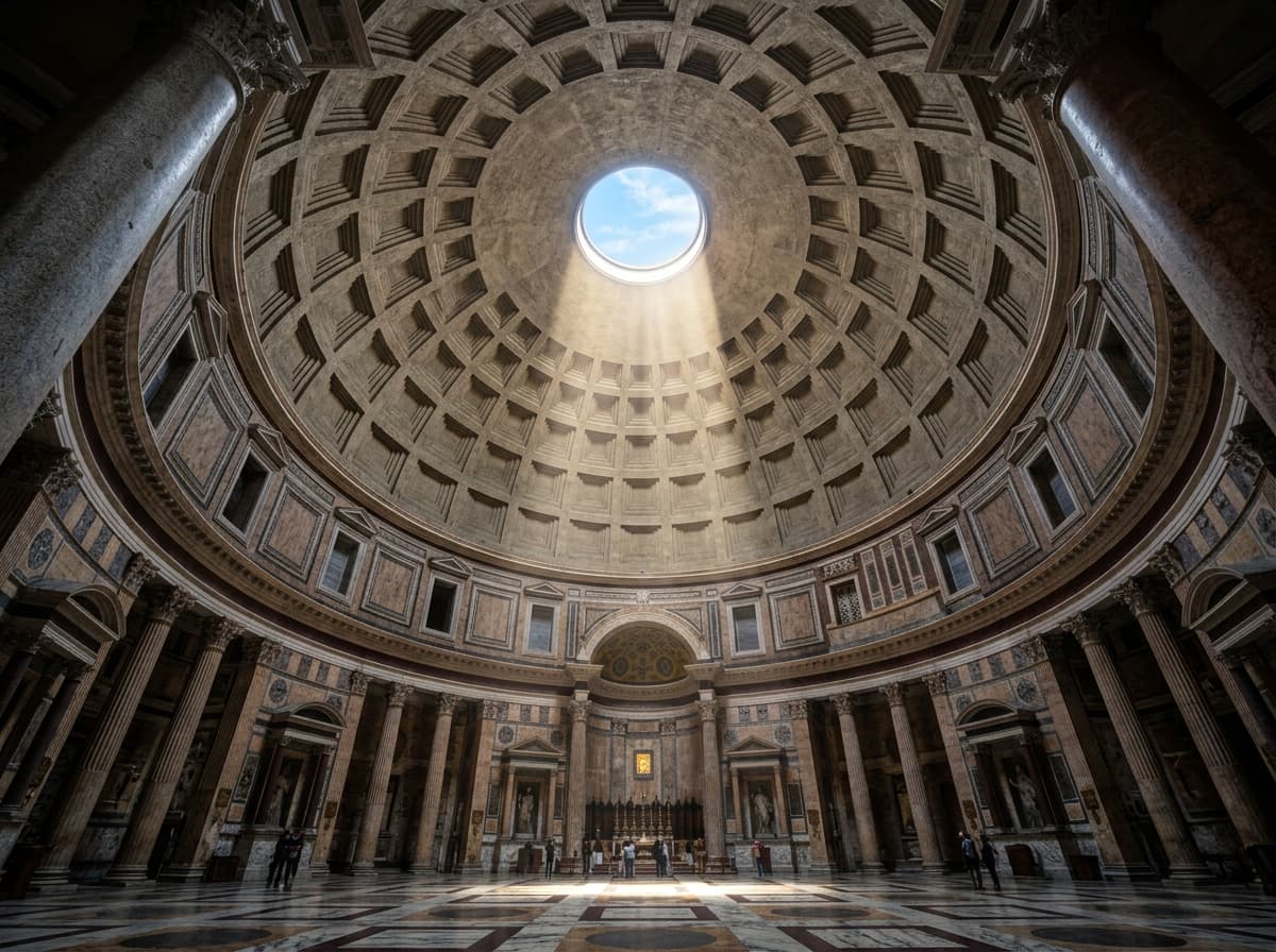 Cúpula de concreto do Panteão de Roma com feixe de luz solar entrando pelo óculo aberto sobre o mármore