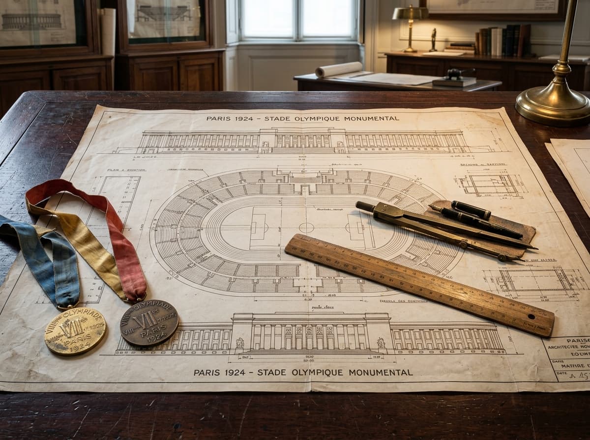 Pranchas arquitetônicas de estádio olímpico vintage com medalhas de bronze e ouro, compasso e régua de madeira