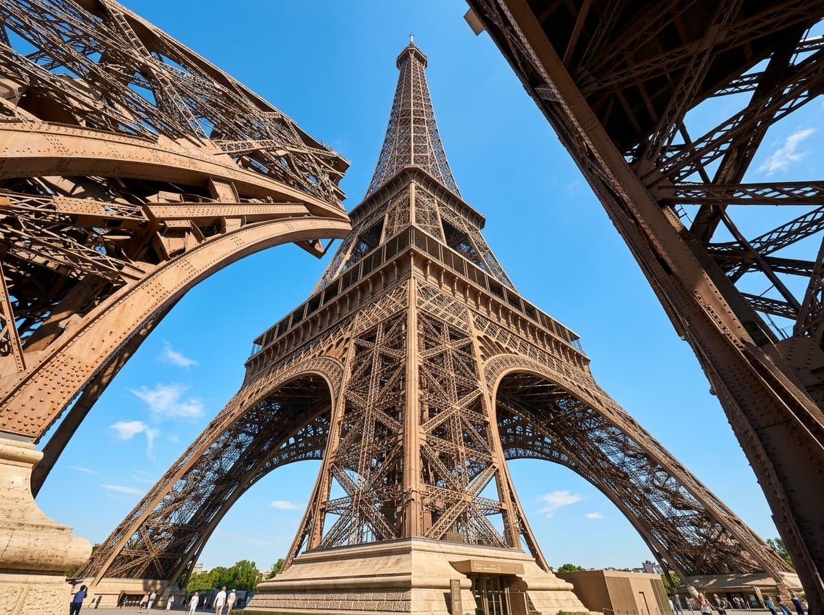 Torre Eiffel vista em ângulo monumental de baixo para cima sob o céu azul e ensolarado de Paris