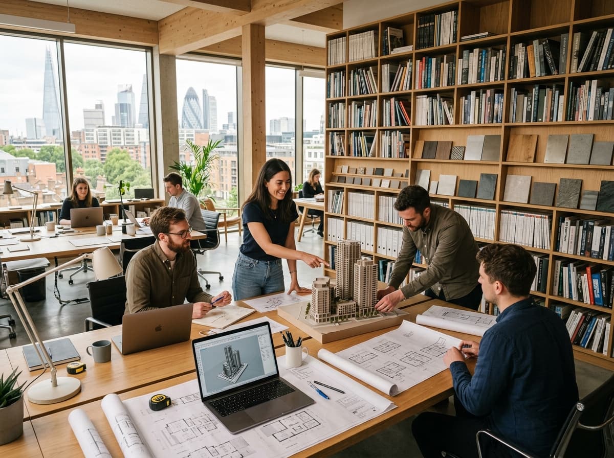 Equipe de arquitetos em estúdio iluminado colaborando em torno de maquetes físicas e modelagem digital