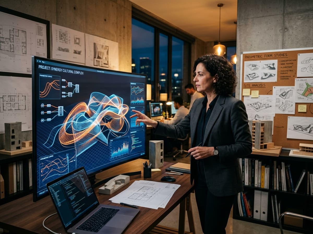 Arquiteta em estúdio sofisticado analisando display interativo com modelo paramétrico tridimensional e linhas de código