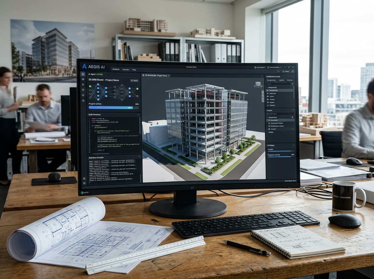 Monitor de computador de alta performance em estúdio de arquitetura executando agente autônomo de IA que modela edifício BIM 3D