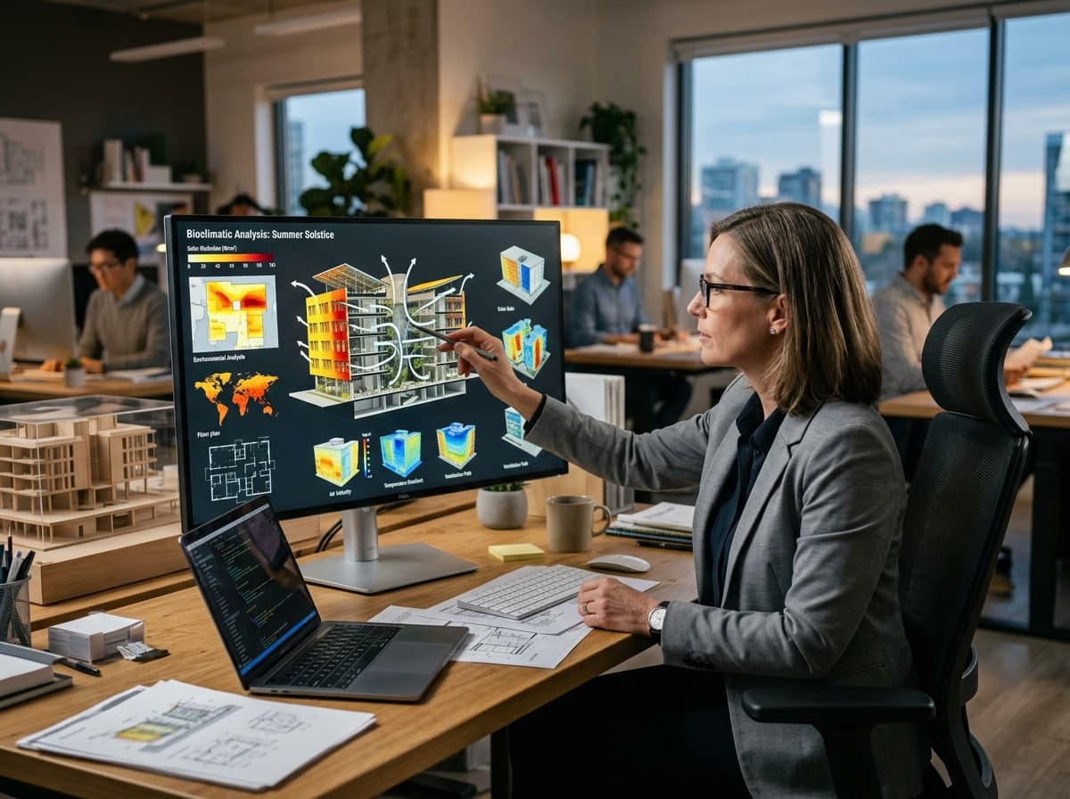 Diretora de estúdio analisando simulação bioclimática em corte arquitetônico no monitor com mapa de calor e ventilação
