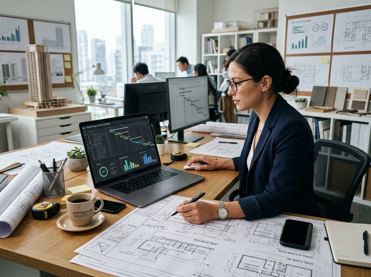 Gerente de operações de arquitetura concentrada diante de notebook analisando cronograma inteligente e gráficos de produtividade