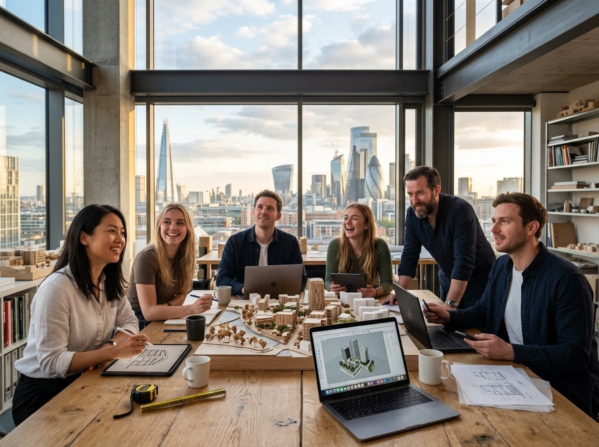 Equipe vibrante de arquitetos colaborando em torno de maquetes físicas e computadores com vista panorâmica da cidade