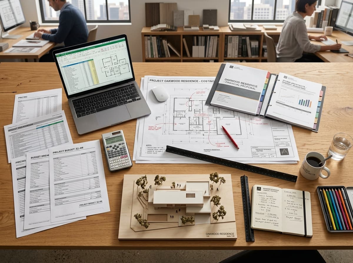 Escritório de arquitetura com plantas e modelo, financeiro no laptop