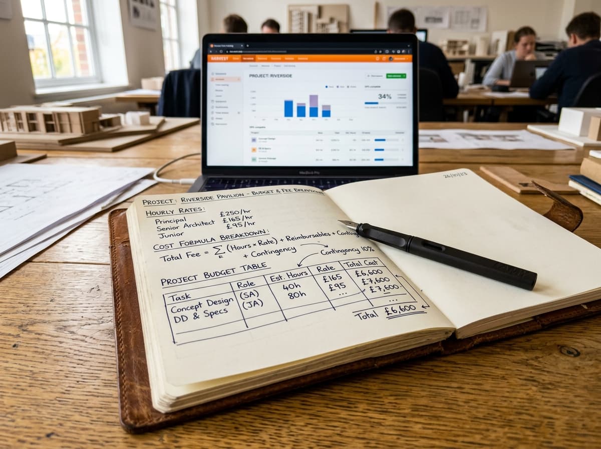 Caderno com cálculos de honorários e dashboard de timesheet