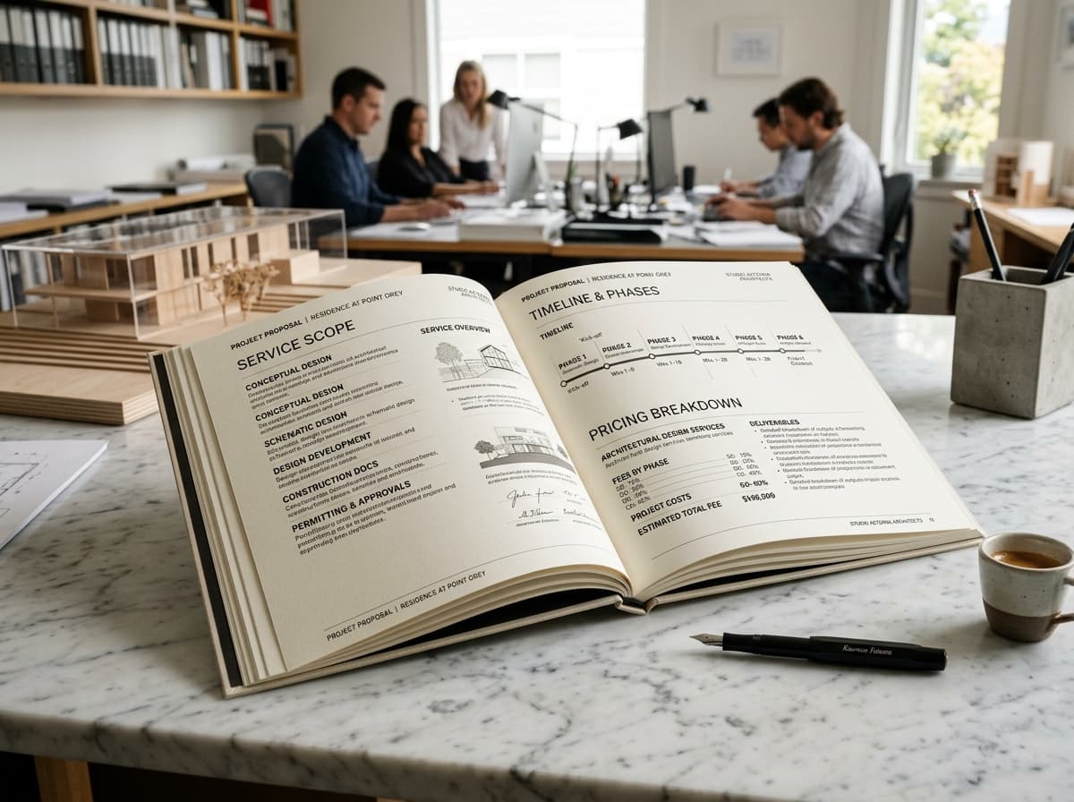Proposta comercial de arquitetura aberta em mesa de reunião de escritório