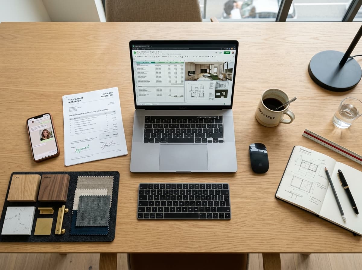 Mesa de arquitetura com smartphone recebendo proposta de marcenaria em PDF