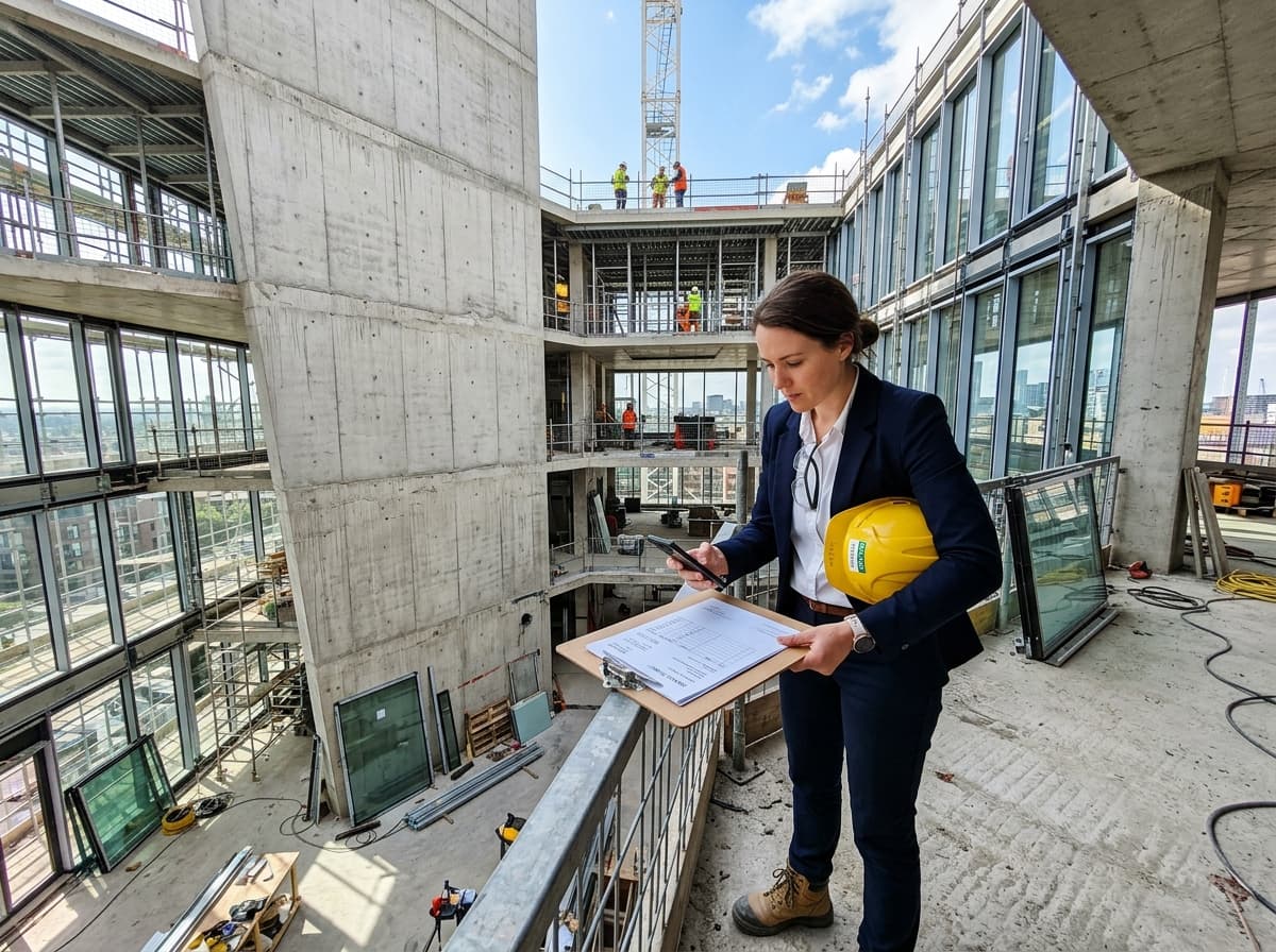 Arquiteta com capacete de segurança em canteiro de obras registrando despesas pelo smartphone